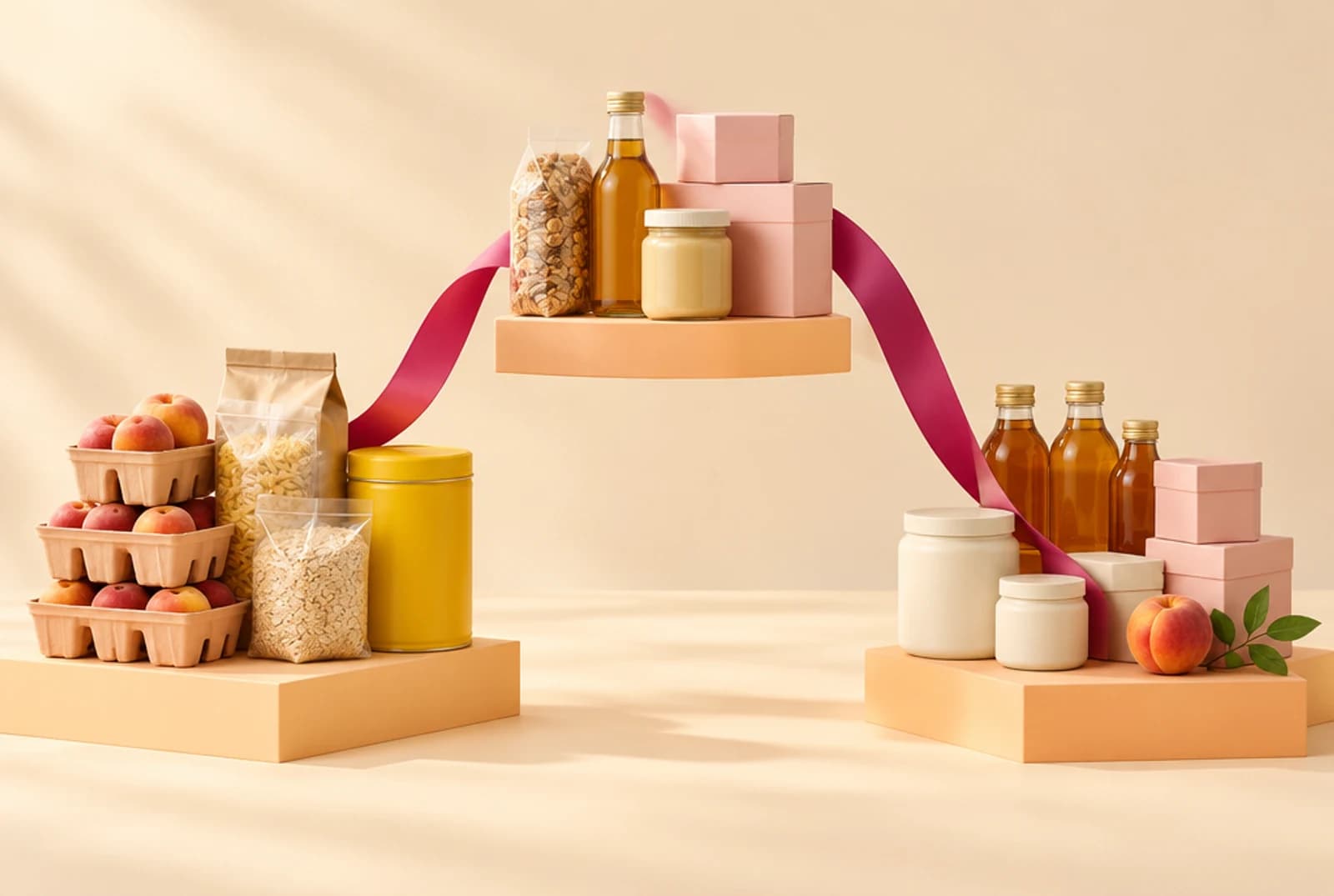 Conceptual arrangement of colorful product packaging joined by a ribbon